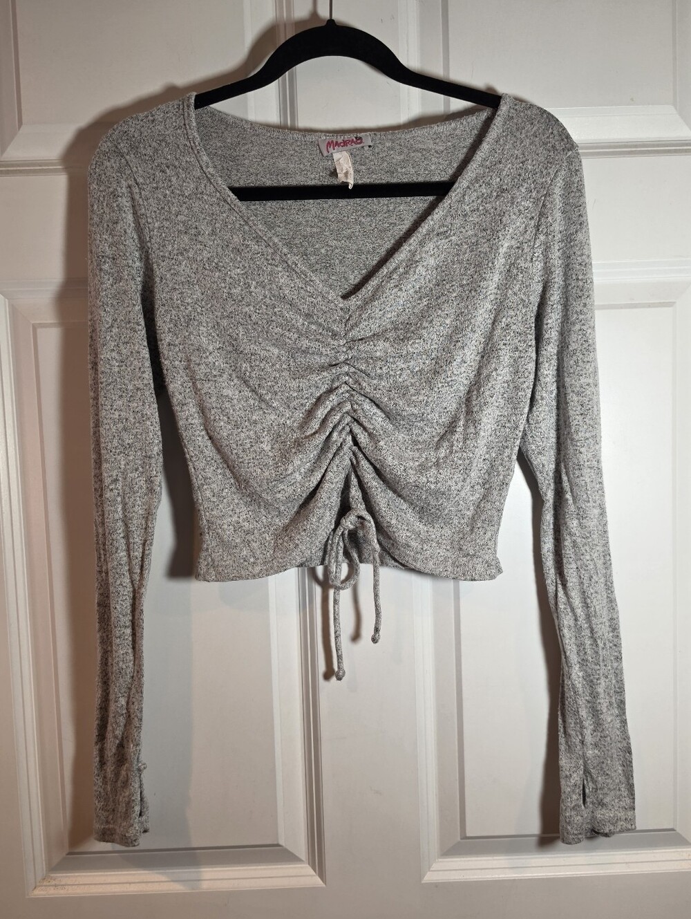 Madrag Heather Gray Ruched Long-Sleeve Crop Top With Thumb Holes L